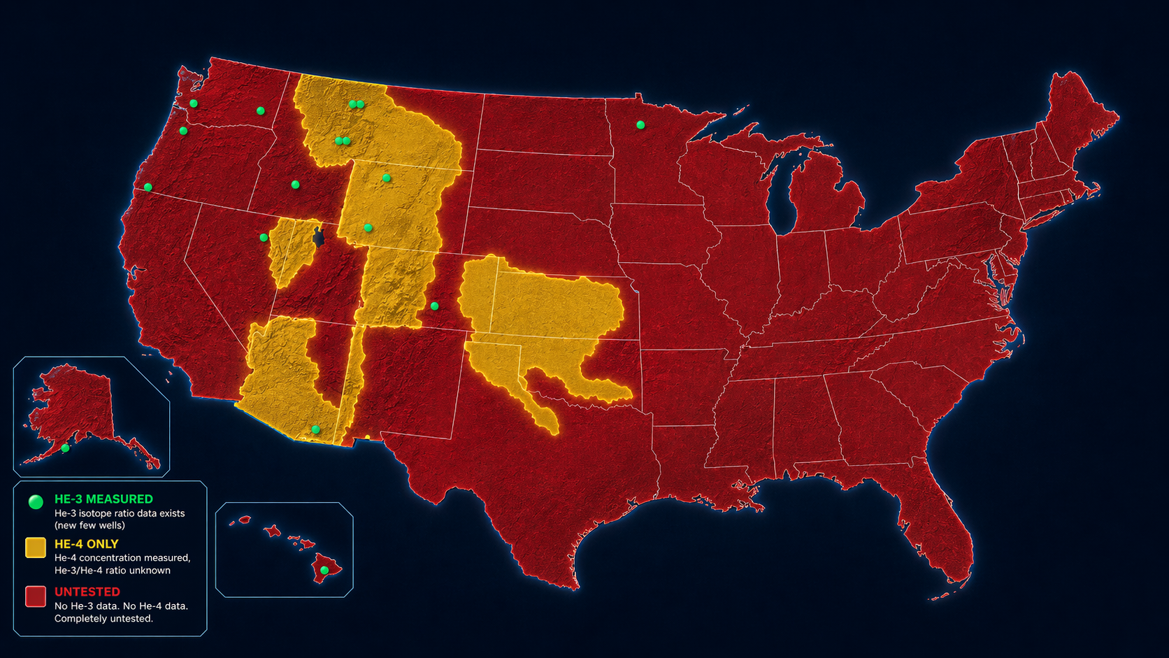 Map of the United States showing He-3 measured locations, He-4 only regions, and untested regions for natural gas screening
